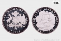 Chile, 10 Pesos 1968, 999er Silber, auf den 150. Jahrestag der Landung der Befreiungsflotte. 44,8 g; 45 mm. Schön 35; KM 183. Sehr selten, Auflage nur...