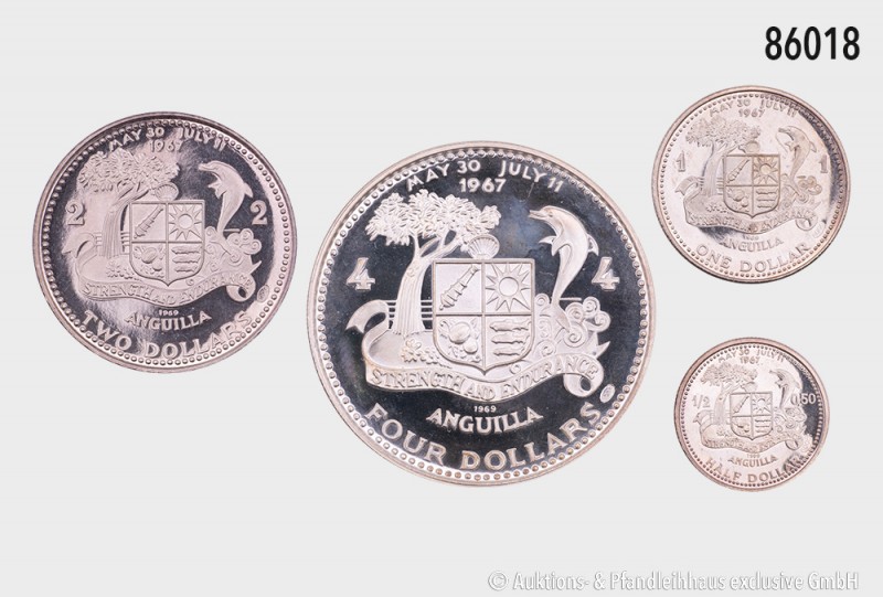 Anguilla (Schlangeninsel), Konv. 4 Silbergedenkmünzen (4, 2, 1 und 1/2 Dollar), ...