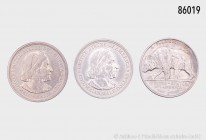 USA, Konv. 9 St. Half Dollar-Silbergedenkmünzen, 900er Silber: Half Dollar 1892 und 1893 auf die Welt-Columbus-Ausstellung in Chicago, 100 Jahre Iowa ...