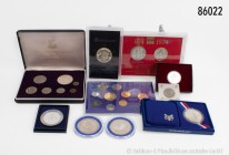 Konv. alle Welt, darunter USA, Konv. 6 Silbermünzen: 2 St. Silberdollar, 900er Silber (Olympische Spiele Los Angeles 1983 und Ellis Island 1986), dazu...