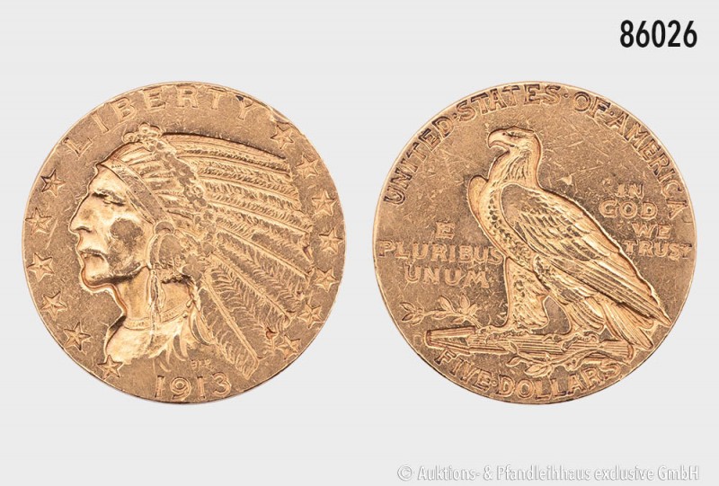 USA, 5 Dollars 1913, Indian Head Half Eagle, Philadelphia, 900er Gold. 8,33 g; 2...