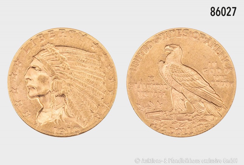 USA, 2 1/2 Dollars 1910, Indian Head Quarter Eagle, Philadelphia, 900er Gold. 4,...