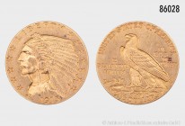 USA, 2 1/2 Dollars 1915, Indian Head Quarter Eagle, Philadelphia, 900er Gold. 4,16 g; 18 mm. Schön 138. Fast vorzüglich.