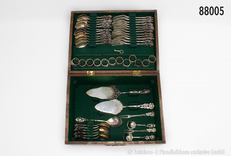 Kaffeebesteck für 12 Personen, 800er Silber, Hildesheimer Rose, um 1900, dazu no...