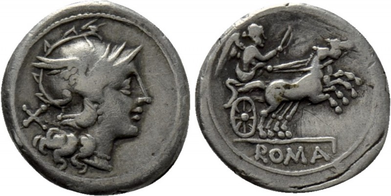 ANONYMOUS. Denarius (157-156 BC). Rome. 

Obv: Helmeted head of Roma right; X ...