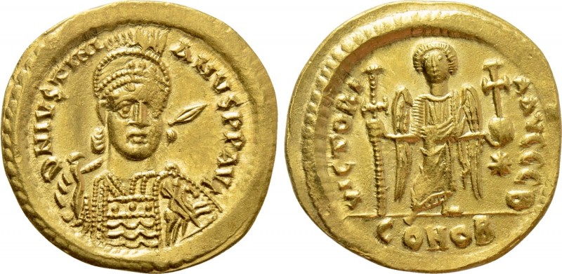 JUSTINIAN I (527-565). GOLD Solidus. Constantinople. 

Obv: D N IVSTINIANVS P ...