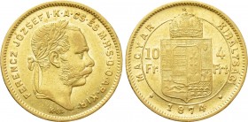 Austrian Empire. Franz Joseph I (1848-1916). GOLD 4 Forint / 10 Francs (1874 KB). Kremnitz.