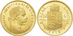 Austrian Empire. Franz Joseph I (1848-1916). GOLD 4 Forint / 10 Francs (1875 KB). Kremnitz.