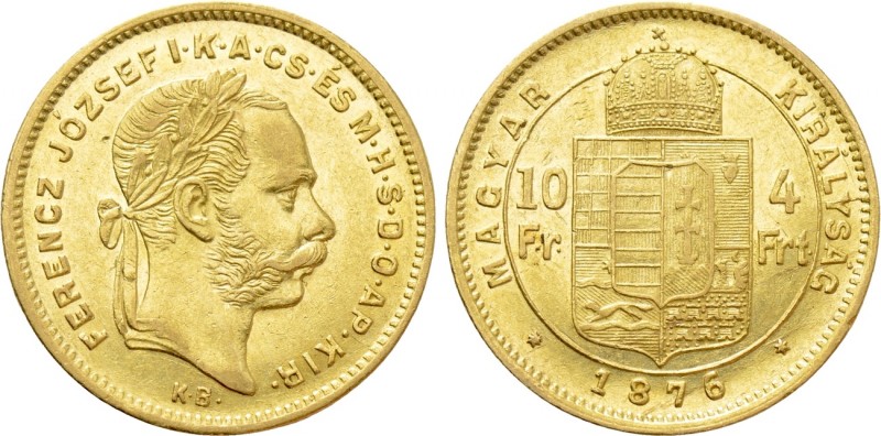 Austrian Empire. Franz Joseph I (1848-1916). GOLD 4 Forint / 10 Francs (1876 KB)...