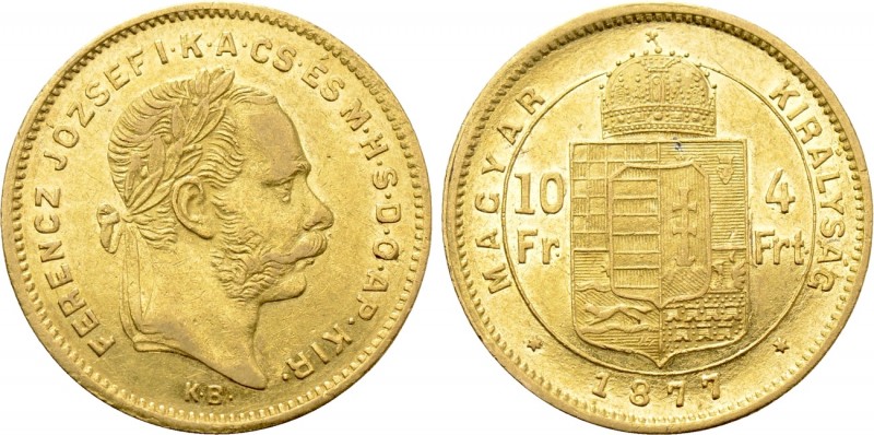 Austrian Empire. Franz Joseph I (1848-1916). GOLD 4 Forint / 10 Francs (1877 KB)...