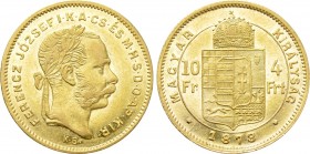 Austrian Empire. Franz Joseph I (1848-1916). GOLD 4 Forint / 10 Francs (1878 KB). Kremnitz.