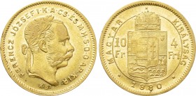 Austrian Empire. Franz Joseph I (1848-1916). GOLD 4 Forint / 10 Francs (1880 KB). Kremnitz.