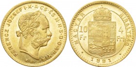 Austrian Empire. Franz Joseph I (1848-1916). GOLD 4 Forint / 10 Francs (1881 KB). Kremnitz.