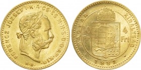 Austrian Empire. Franz Joseph I (1848-1916). GOLD 4 Forint / 10 Francs (1882 KB). Kremnitz.