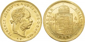 Austrian Empire. Franz Joseph I (1848-1916). GOLD 4 Forint  /10 Francs (1883 KB). Kremnitz.