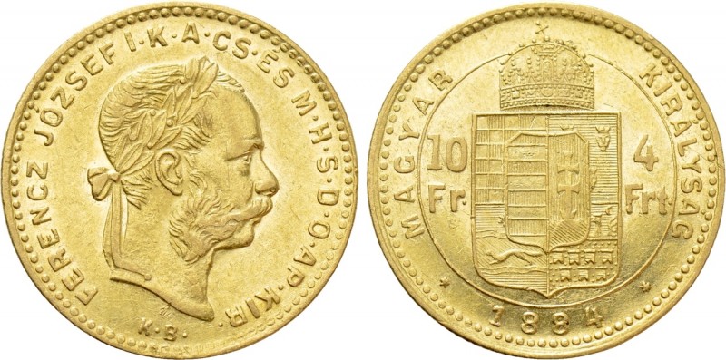 Austrian Empire. Franz Joseph I (1848-1916). GOLD 4 Forint / 10 Francs (1884 KB)...
