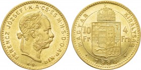 Austrian Empire. Franz Joseph I (1848-1916). GOLD 4 Forint / 10 Francs (1884 KB). Kremnitz.