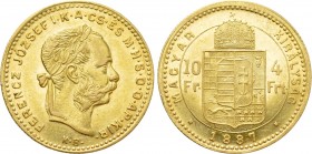 Austrian Empire. Franz Joseph I (1848-1916). GOLD 4 Forint / 10 Francs (1887 KB). Kremnitz.