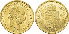 Austrian Empire. Franz Joseph I (1848-1916). GOLD 4 Forint / 10 Francs (1888 KB). Kremnitz.