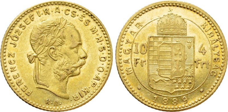 Austrian Empire. Franz Joseph I (1848-1916). GOLD 4 Forint / 10 Francs (1889 KB)...