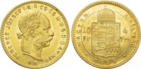 Austrian Empire. Franz Joseph I (1848-1916). GOLD 4 Forint / 10 Francs (1889 KB). Kremnitz.