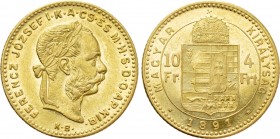 Austrian Empire. Franz Joseph I (1848-1916). GOLD 4 Forint / 10 Francs (1891 KB). Kremnitz.