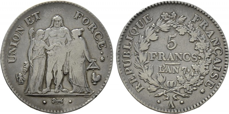 FRANCE. Premier République. Directoire (1795-1799) 5 Francs L'AN (= 1798-99 A). ...