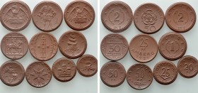 10 Pieces of German Emergency Money made of Porcelein; Amberg, Sachsen, Lippstadt etc.