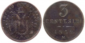 Lombardo Veneto - Milano - Francesco Giuseppe I (1848-1866) 3 centesimi 2 ° tipo 1852 - NC (NON COMUNE) - Cu gr. 3,24 
qMB
