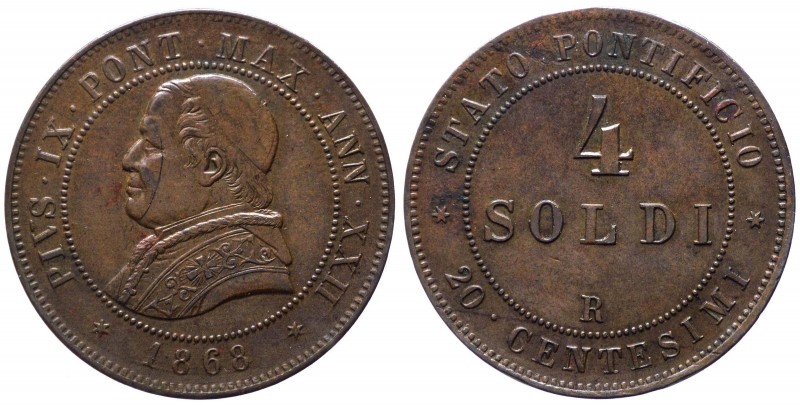 Stato Pontificio - Pio IX (1846-1878) 4 Soldi - 20 Centesimi 1868 Anno XXII - Cu...