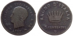 Venezia - Napoleone I Re d'Italia - (1805-1814) 3 Centesimi 1° tipo 1808 - Gig. 221 - Cu gr. 5,69 
MB+