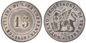 Venezia - Governo Provvisorio di Venezia (1848-1849) 15 Centesimi di Lira Corrente 1849 - Mi gr.1,71