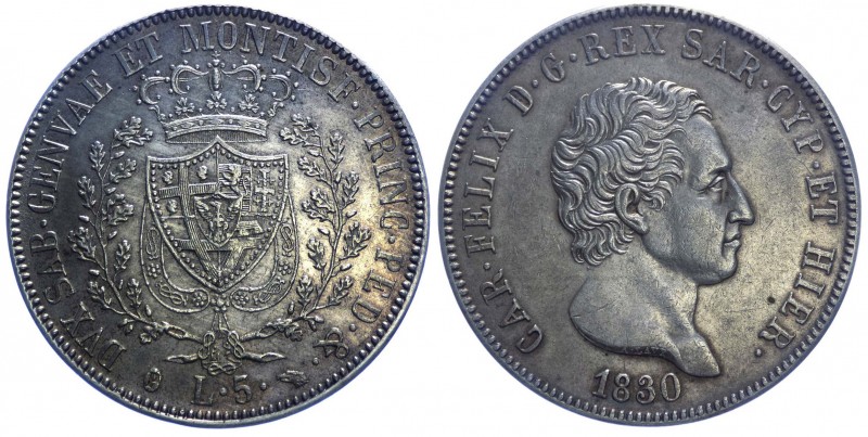 Carlo Felice (1821-1831) Scudo da 5 Lire 1830 Torino - "P in Ovale" - Patina d'E...