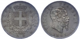Vittorio Emanuele II (1861-1878) Scudo da 5 Lire 1861 Torino (2°Tipo) - RR MOLTO RARO - Ag
BB/SPL