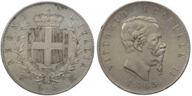 Vittorio Emanuele II (1861-1878) Scudo da 5 Lire 1865 Torino (2°Tipo) - RARA - Ag
SPL