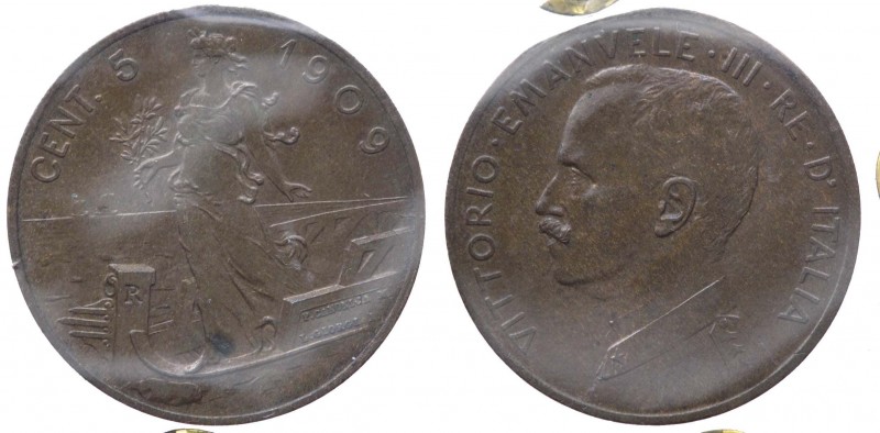 Vittorio Emanuele III (1900-1943) 5 Centesimi 1909 "Italia su Prora" - PERIZIATA...