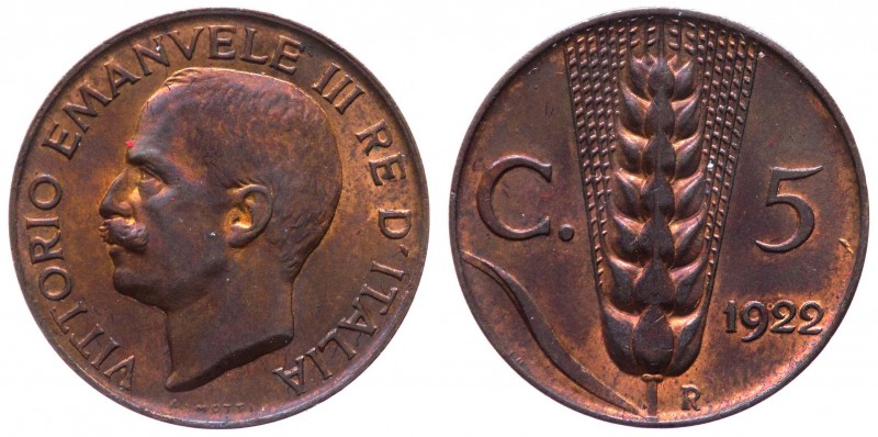 Vittorio Emanuele III (1900-1943) 5 Centesimi 1922 "Spiga" - RAME ROSSO - Cu
FD...