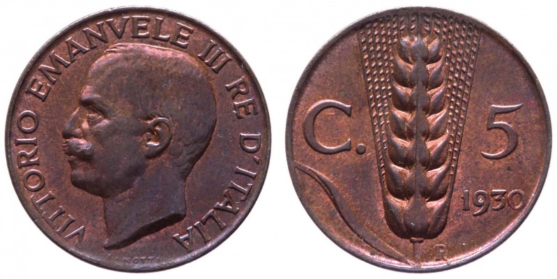 Vittorio Emanuele III (1900-1943) 5 Centesimi 1930 "Spiga" - RAME ROSSO - Cu
FD...