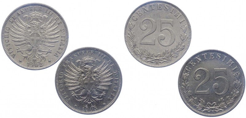 Coppia n.2 monete Vittorio Emanuele III (1900-1943) 25 Centesimi "Valore" 1902-1...