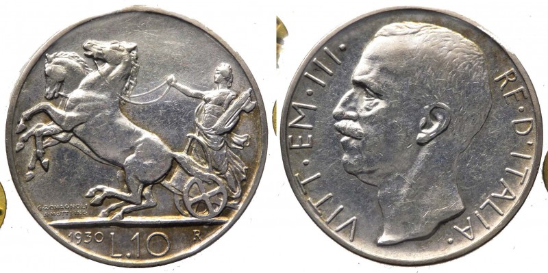 Vittorio Emanuele III (1900-1943) 10 Lire "Biga" 1930 - RARA - Ag - Periziata BB...