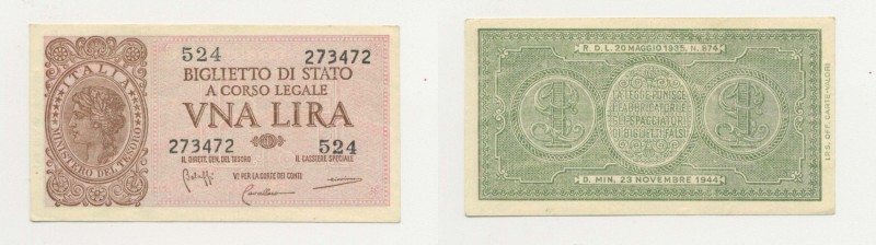 Biglietto di Stato "Luogotenenza" - 1 Lira "Italia Laureata" 23/11/1944 - Bolaff...