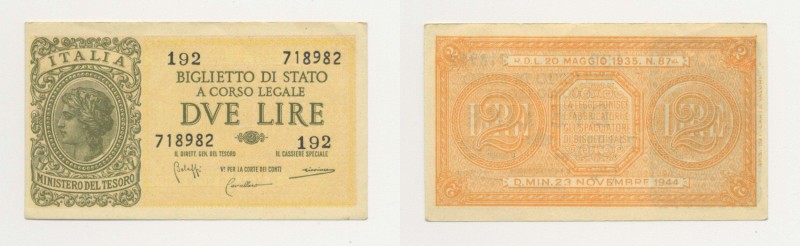 Biglietto di Stato "Luogotenenza" - 2 Lire "Italia Laureata" 23/11/1944 - Bolaff...