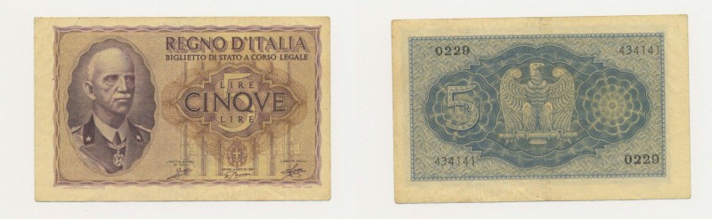 Biglietto di Stato "Dittatura Fascista" - 5 Lire "Impero" 1940 XVIII - Grassi/Po...