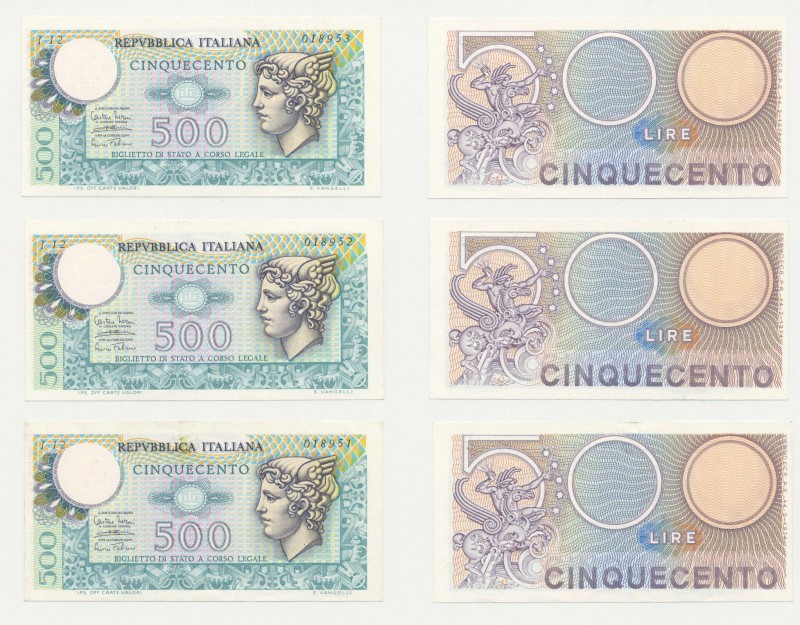 Lotto n.3 Banconote : 500 Lire "Mercurio" - Consecutive