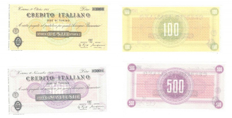 Lotto n.2 Assegni: Credito Italiano - 100 Lire Torino - "FIAT Società per Azioni...