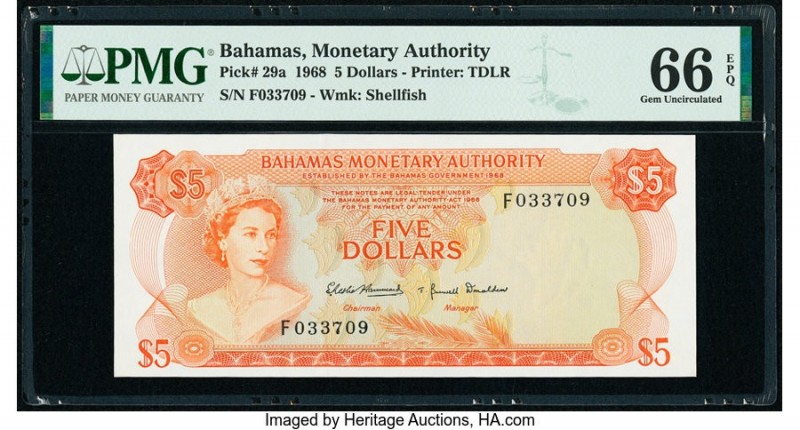 Bahamas Monetary Authority 5 Dollars 1968 Pick 29a PMG Gem Uncirculated 66 EPQ. ...