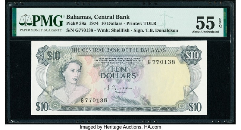 Bahamas Central Bank 10 Dollars 1974 Pick 38a PMG About Uncirculated 55 EPQ. 

H...