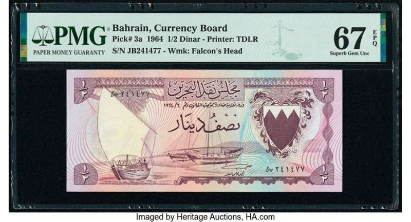 Bahrain Currency Board 1/2 Dinar 1964 Pick 3a PMG Superb Gem Unc 67 EPQ. 

HID09...