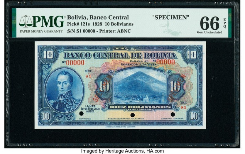 Bolivia Banco Central 10 Bolivianos 20.7.1928 Pick 121s Specimen PMG Gem Uncircu...
