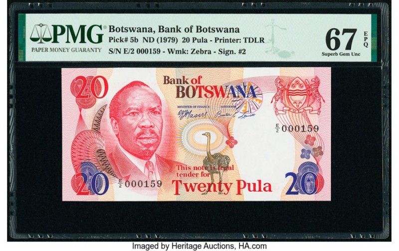 Botswana Bank of Botswana 20 Pula ND (1979) Pick 5b PMG Superb Gem Unc 67 EPQ. 
...